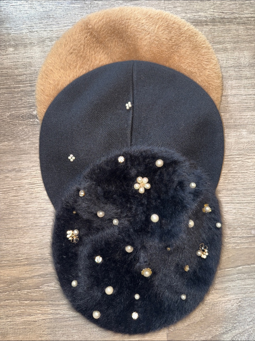 Beret Bundle Black Faux Fur Beret Pearl Crystal Embellishments Nude Designer